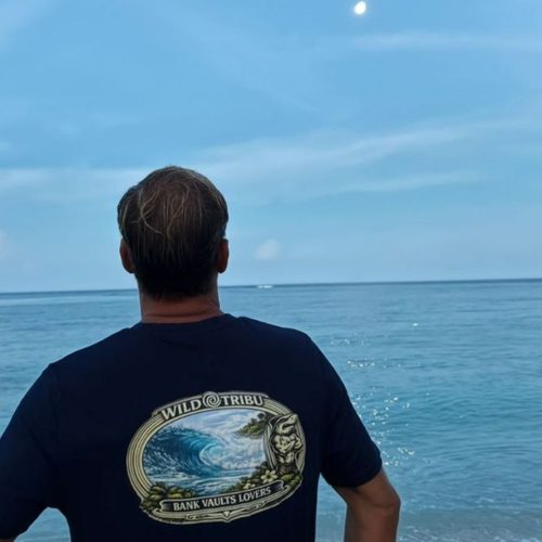 Bank Vaults Lovers organic cotton surf T-shirt by Wild Tribu, Mentawai design