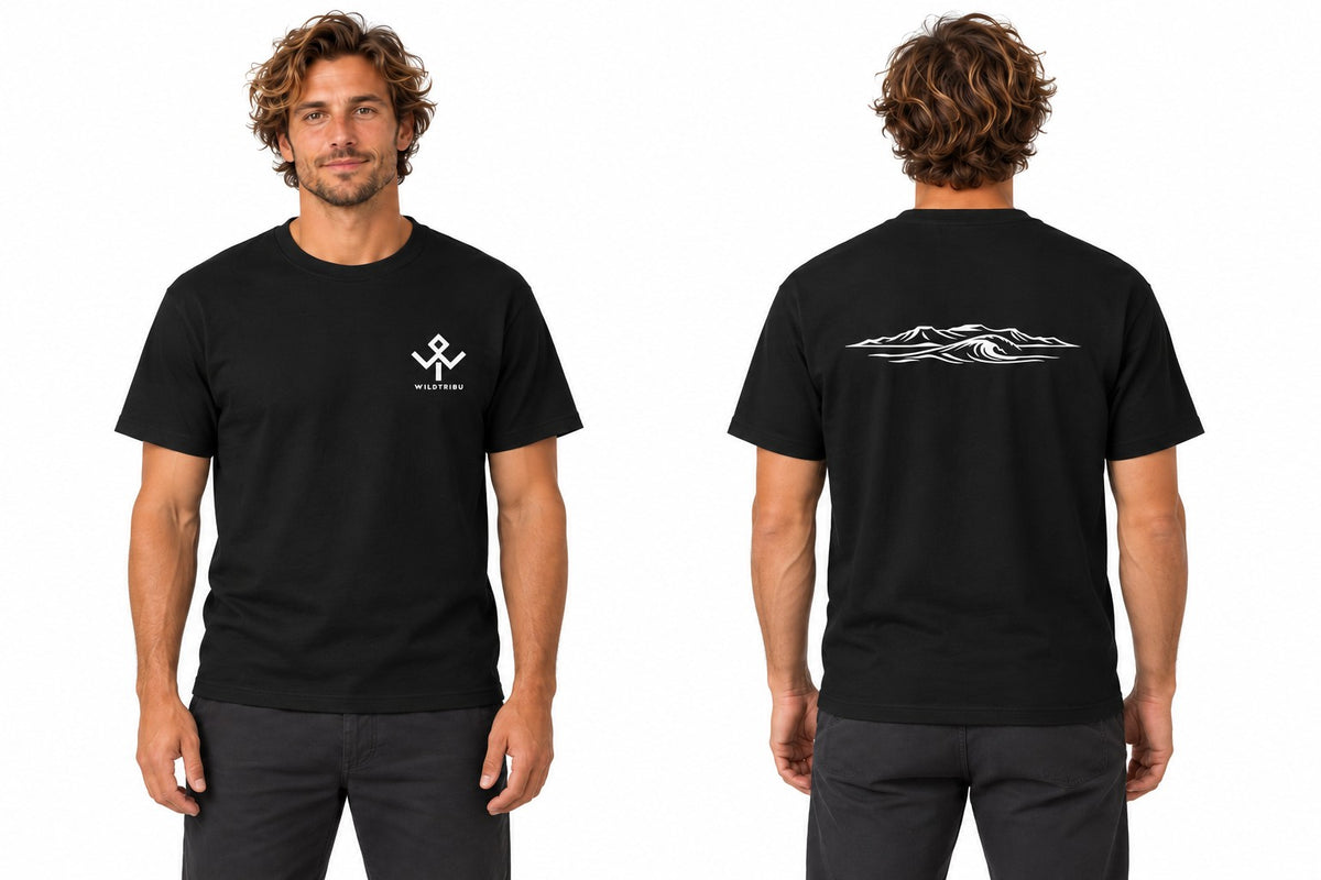 Camiseta Ocean and Fire negra, vista frontal y trasera sobre modelo hombre