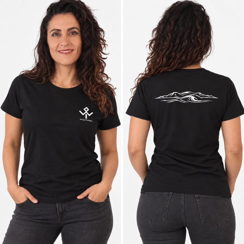 Camiseta Ocean and Fire negra, vista frontal y trasera sobre modelo mujer