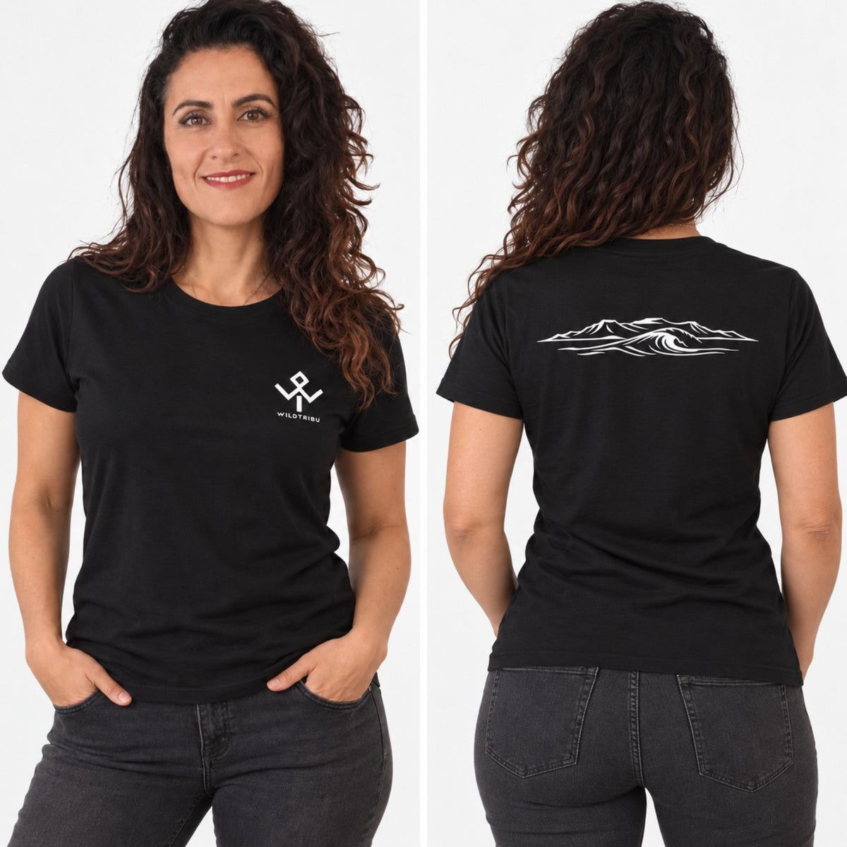Camiseta Ocean and Fire negra, vista frontal y trasera sobre modelo mujer
