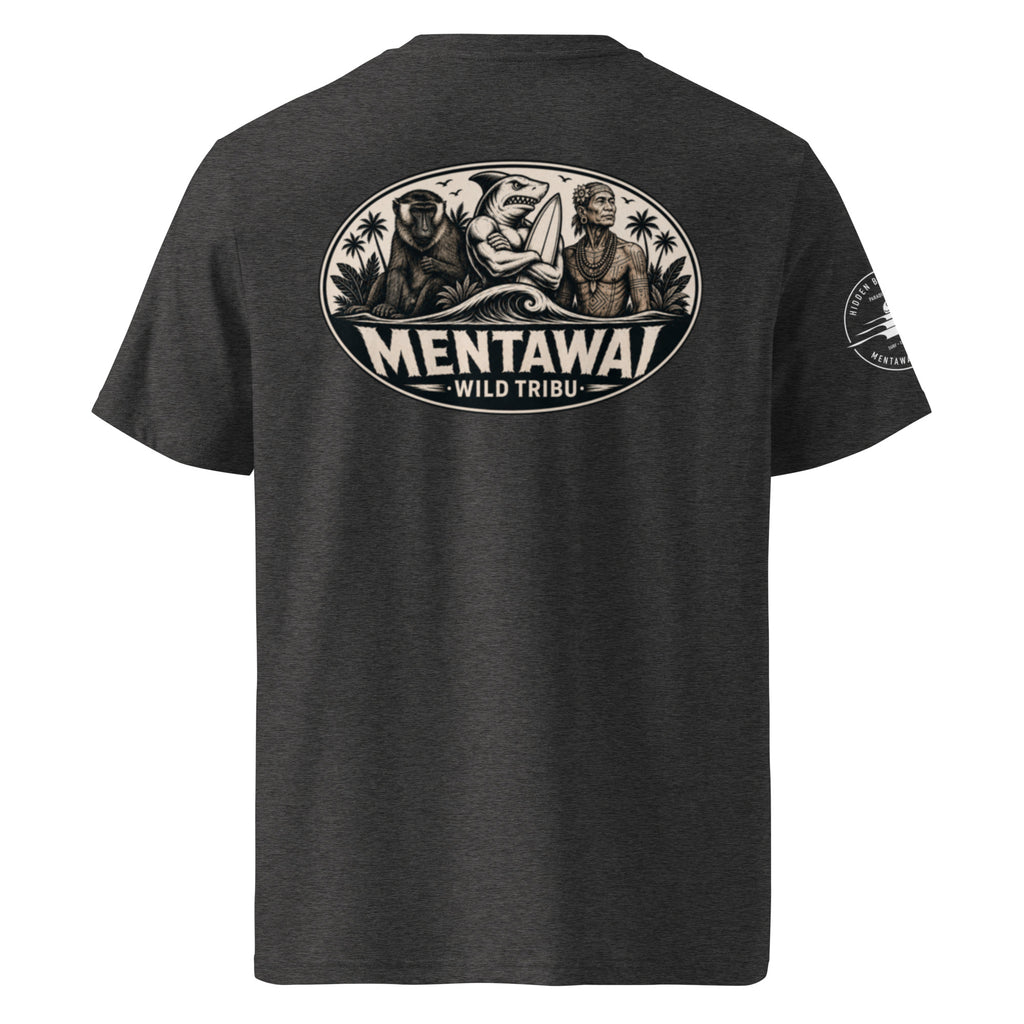 Camiseta orgánica Mentawai Hero de Wild Tribu en gris jaspeado oscuro, vista trasera.