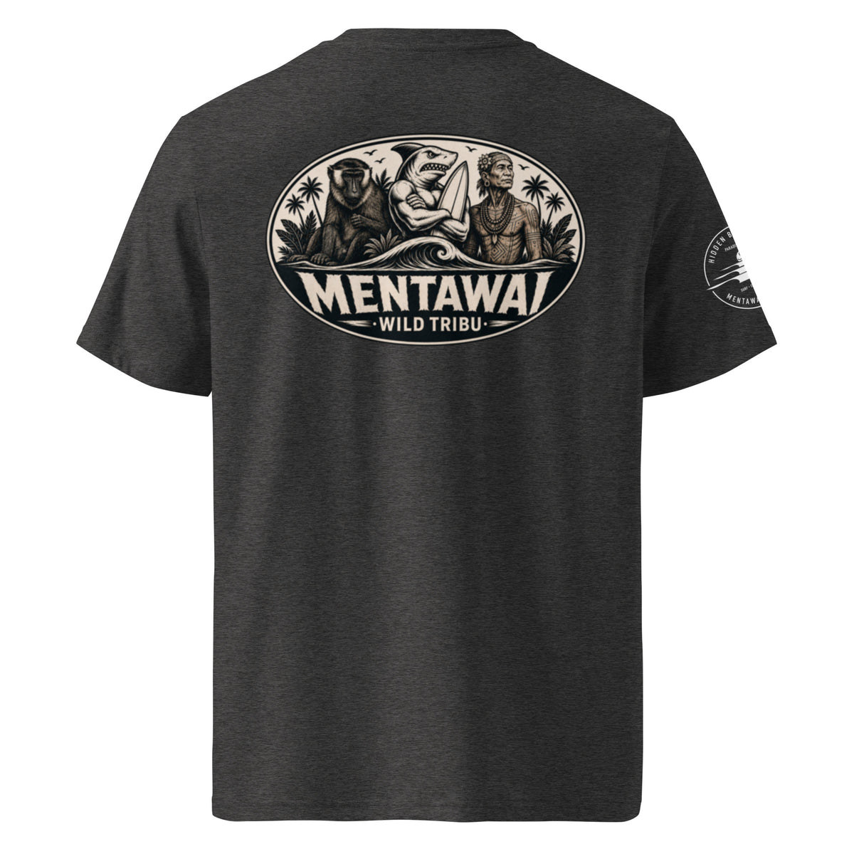 Camiseta orgánica Mentawai Hero de Wild Tribu en gris jaspeado oscuro, vista trasera.
