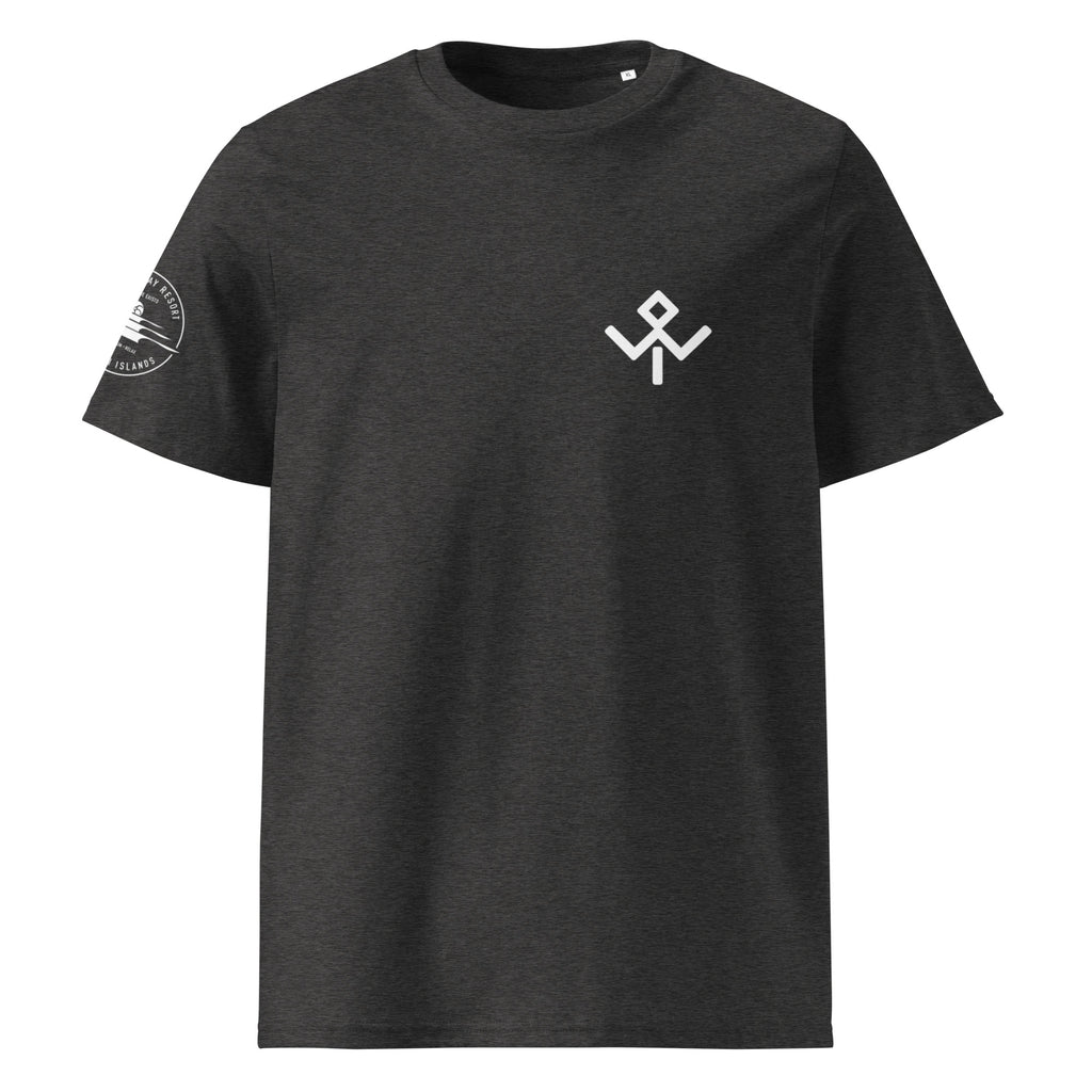 Camiseta orgánica Mentawai Hero de Wild Tribu en gris jaspeado oscuro, vista frontal.