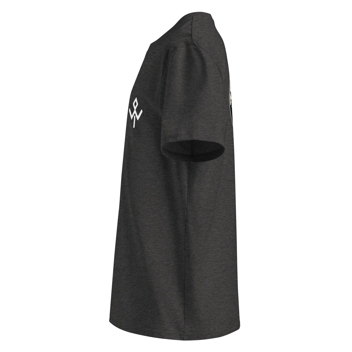 Camiseta orgánica Mentawai Hero de Wild Tribu en gris jaspeado oscuro, vista lateral izquierda.