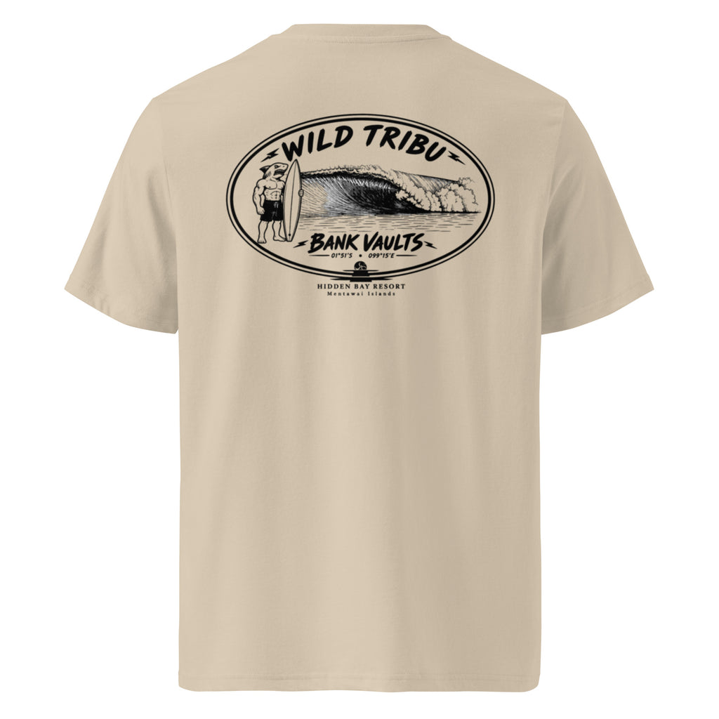Camiseta orgánica Bank Vaults Mentawai en Desert Dust, vista trasera.