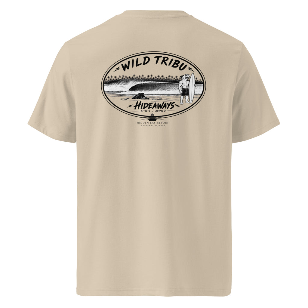 Camiseta orgánica Hideaways Mentawai en Desert Dust, vista trasera.