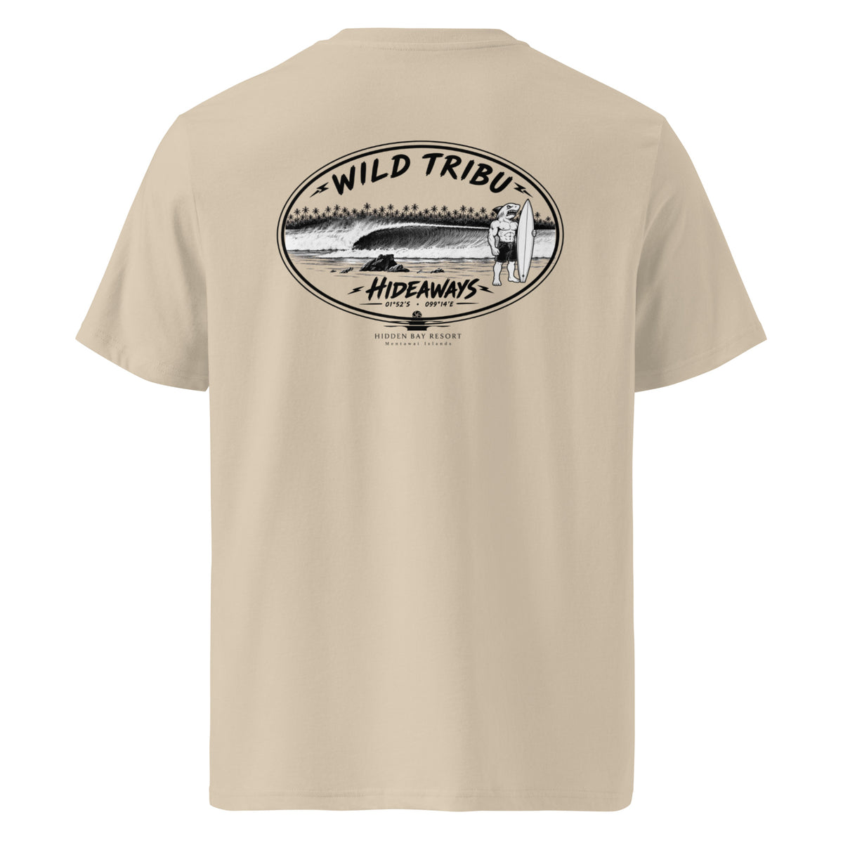 Camiseta orgánica Hideaways Mentawai en Desert Dust, vista trasera.