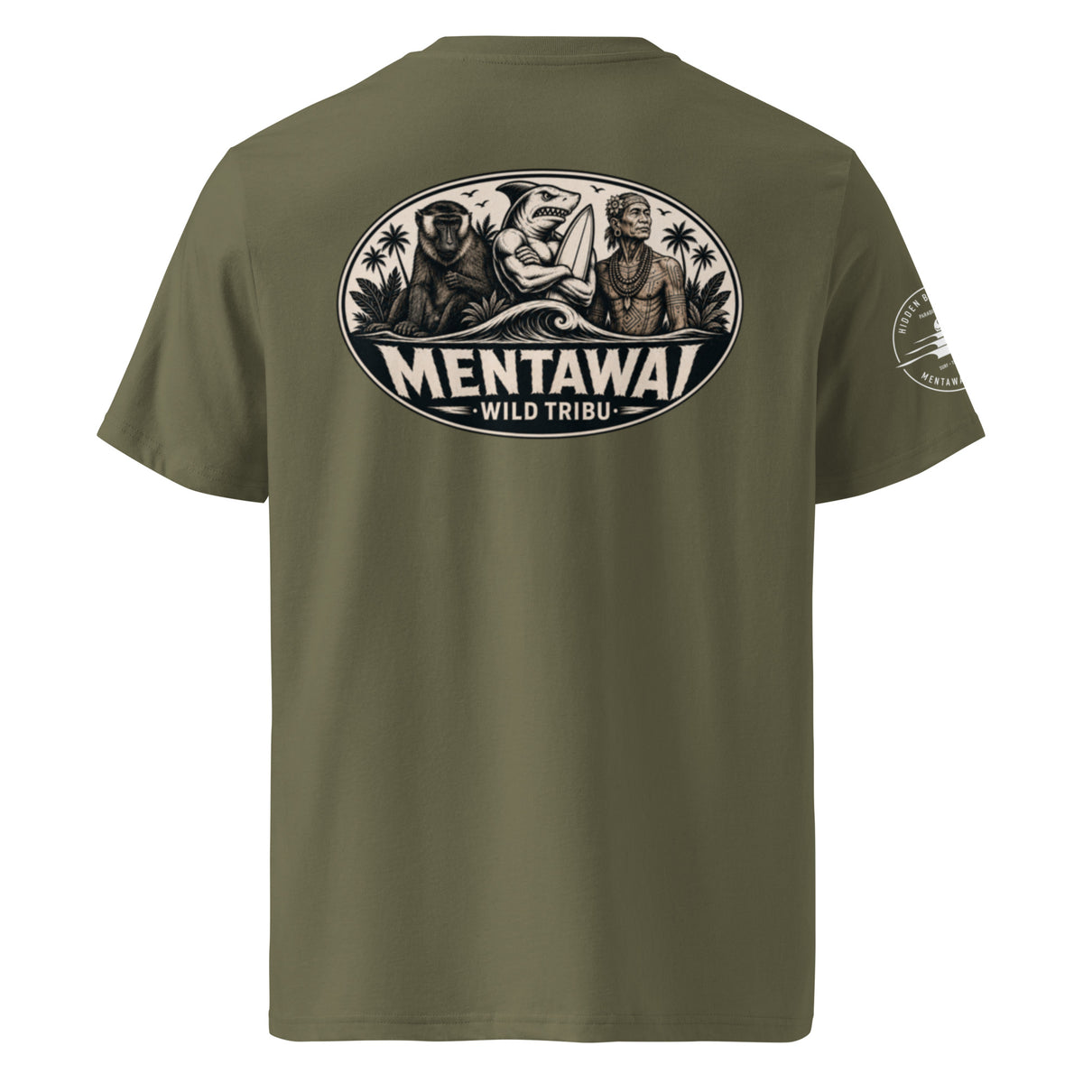 Camiseta orgánica Mentawai Hero de Wild Tribu en caqui, vista trasera.