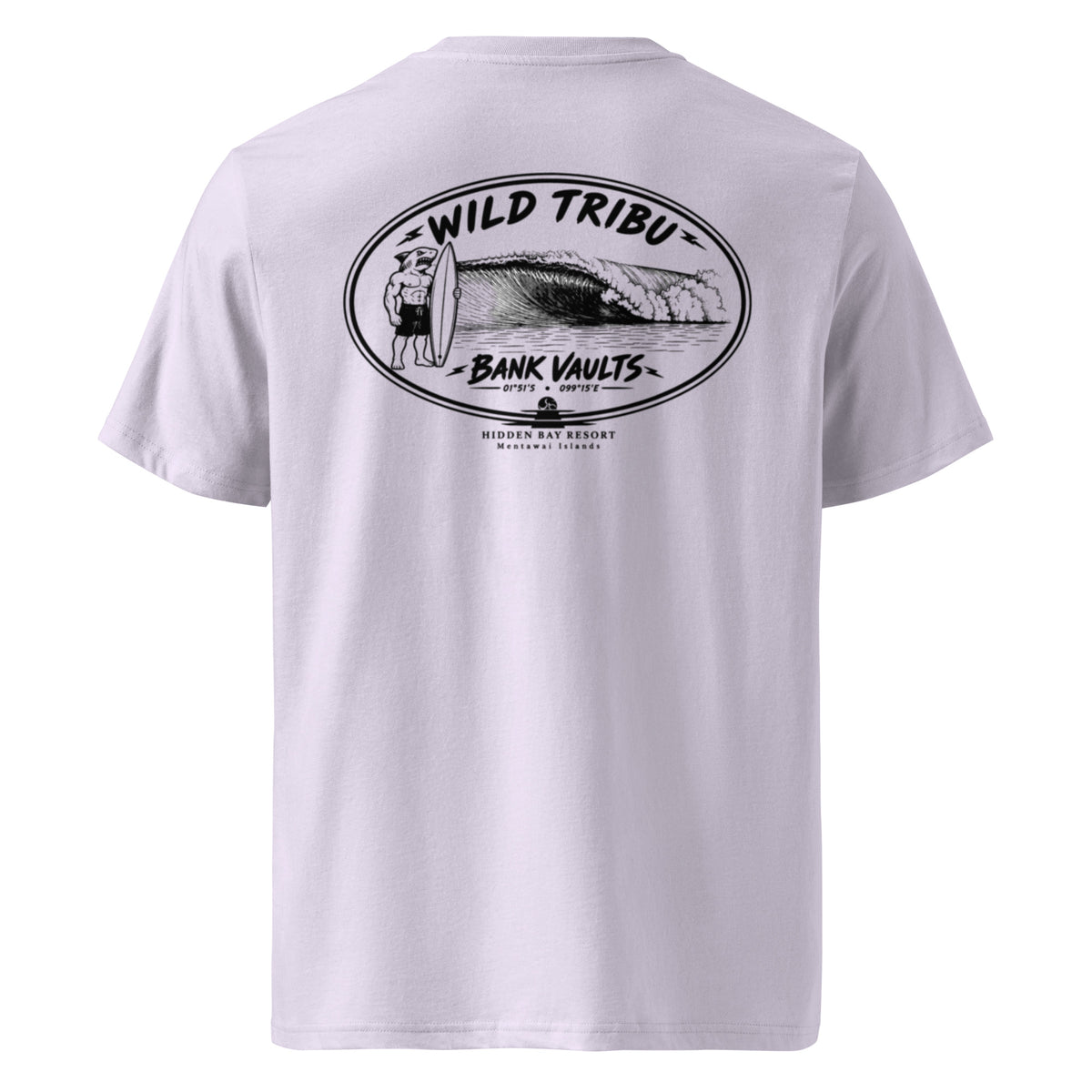 Camiseta orgánica Bank Vaults Mentawai en lavanda, vista trasera.