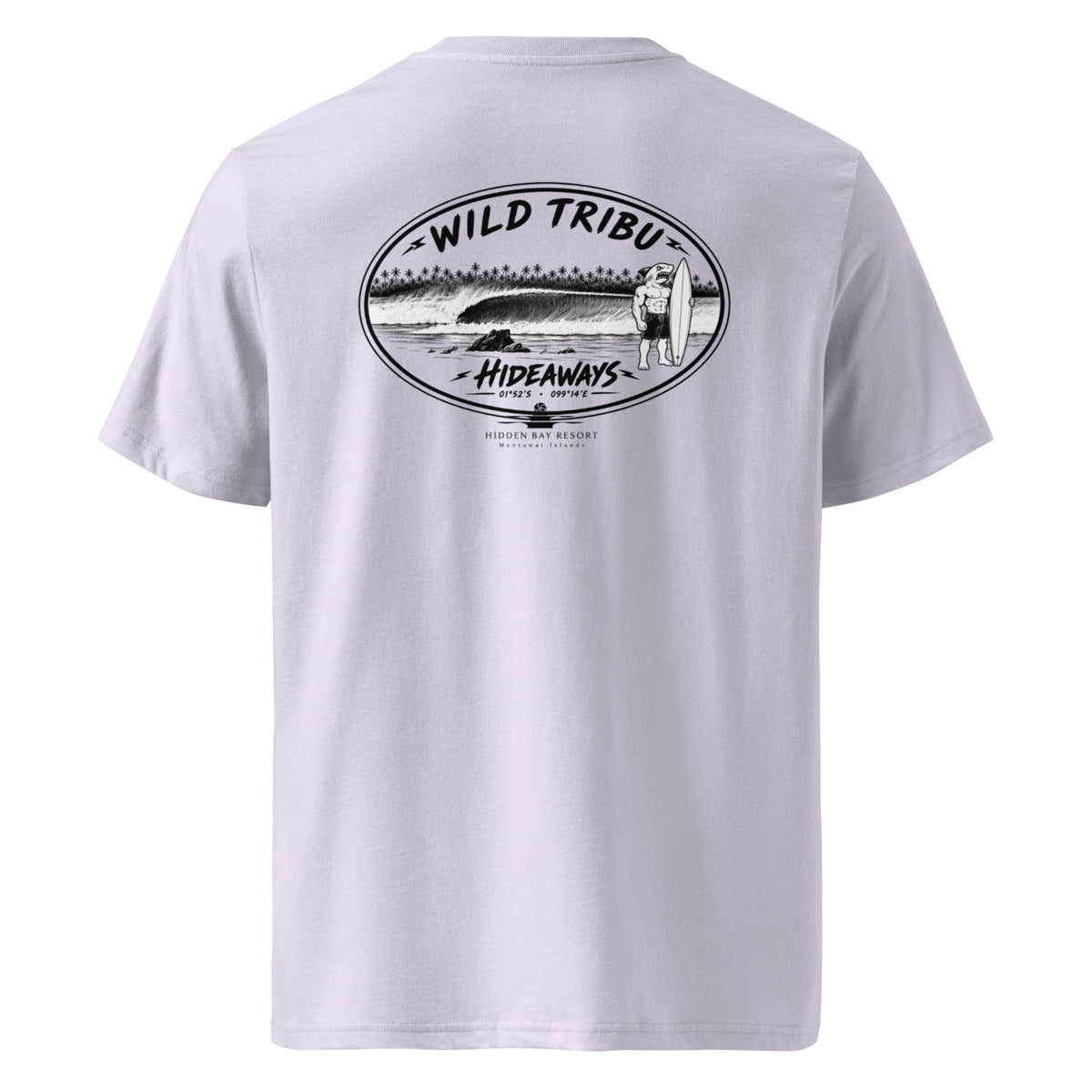Camiseta orgánica Hideaways Mentawai en lavanda, vista trasera.