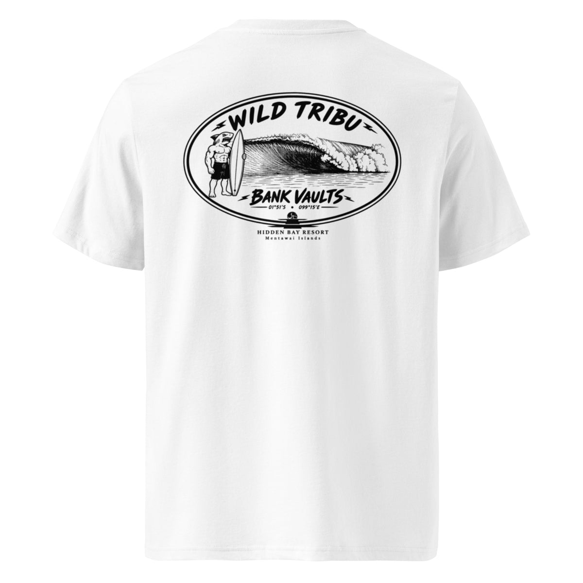 Camiseta orgánica Bank Vaults Mentawai en blanco, vista trasera.