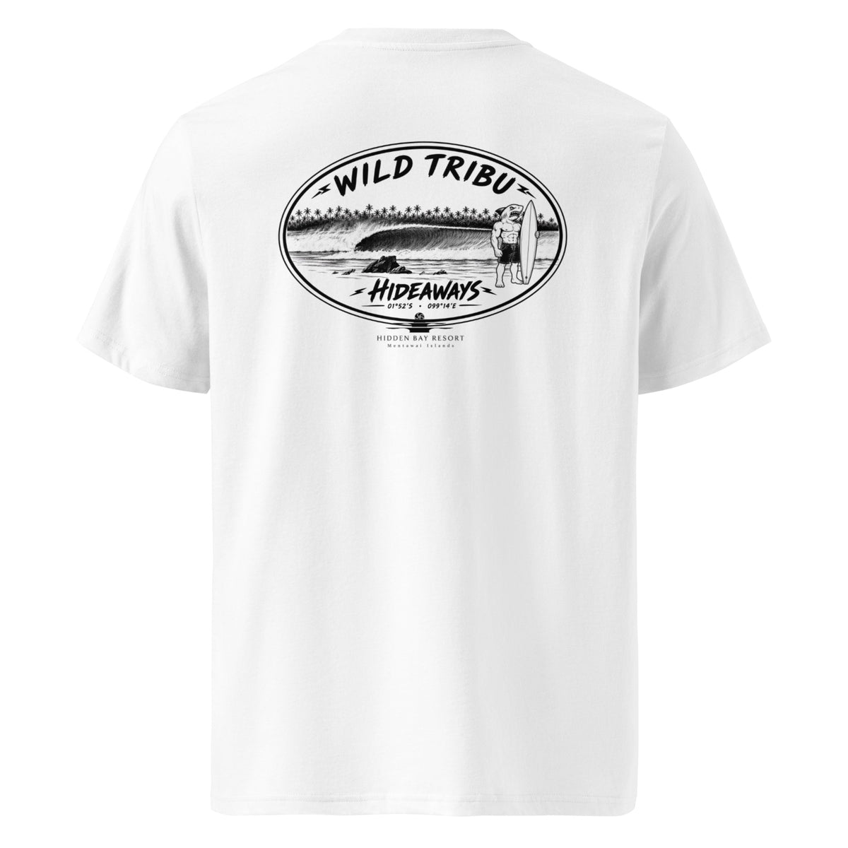 Camiseta orgánica Hideaways Mentawai en blanco, vista trasera.