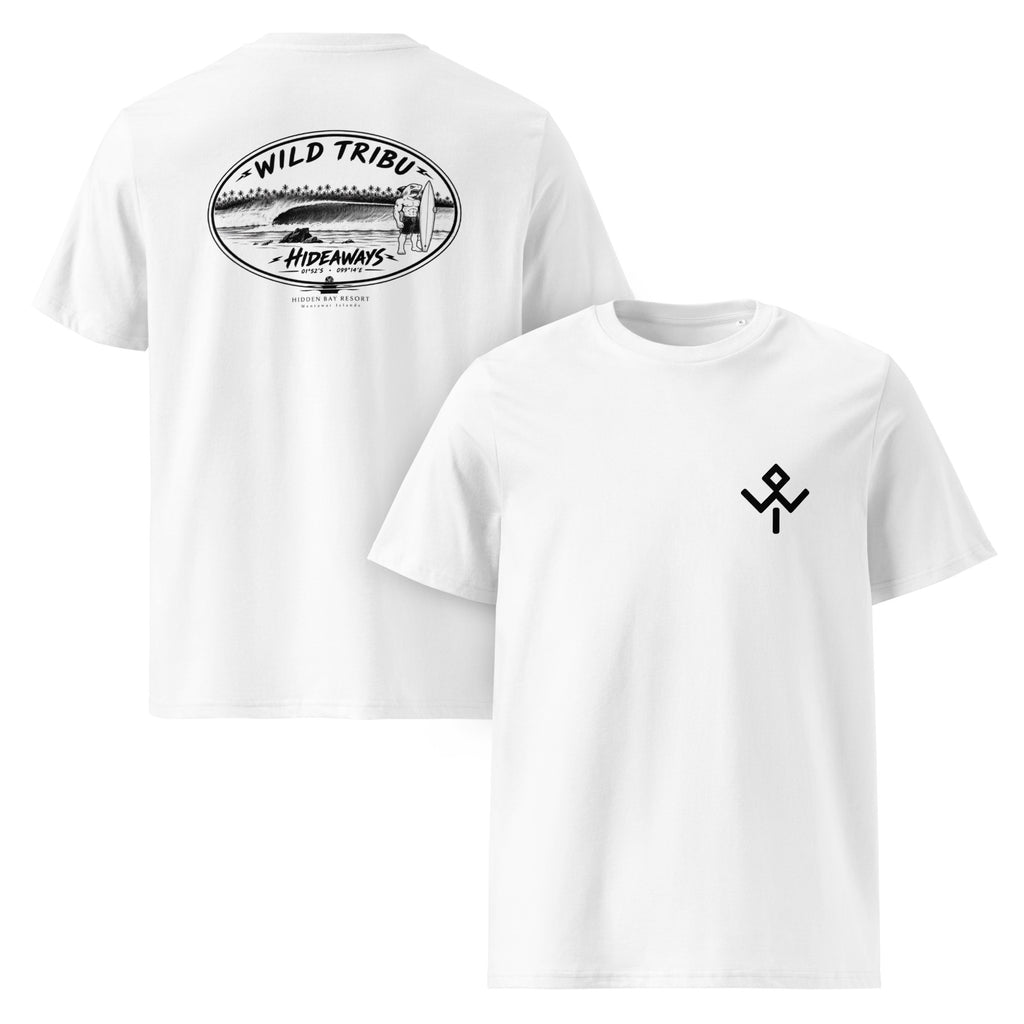 Camiseta orgánica Hideaways Mentawai en blanco, vista frontal y trasera.