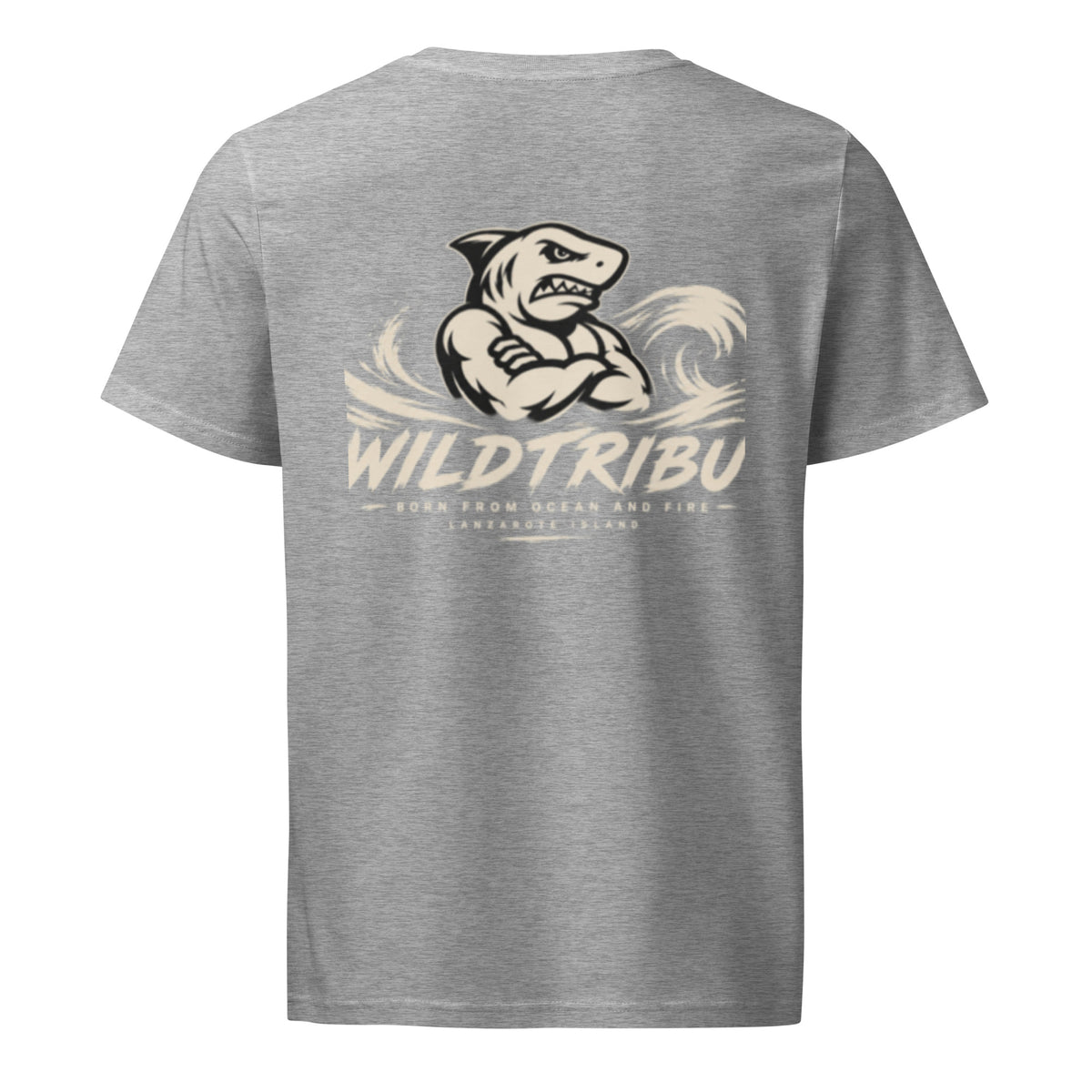 Shark Hero — Camiseta orgánica | Hero en gris jaspeado, vista trasera