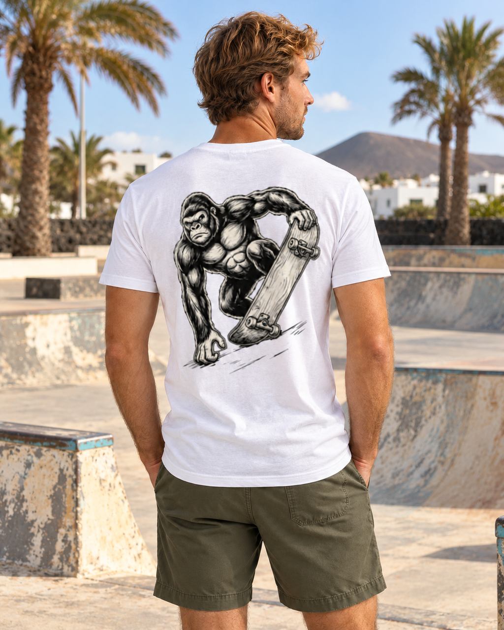 Gorilla Skate blanca, modelo de espalda en un skatepark