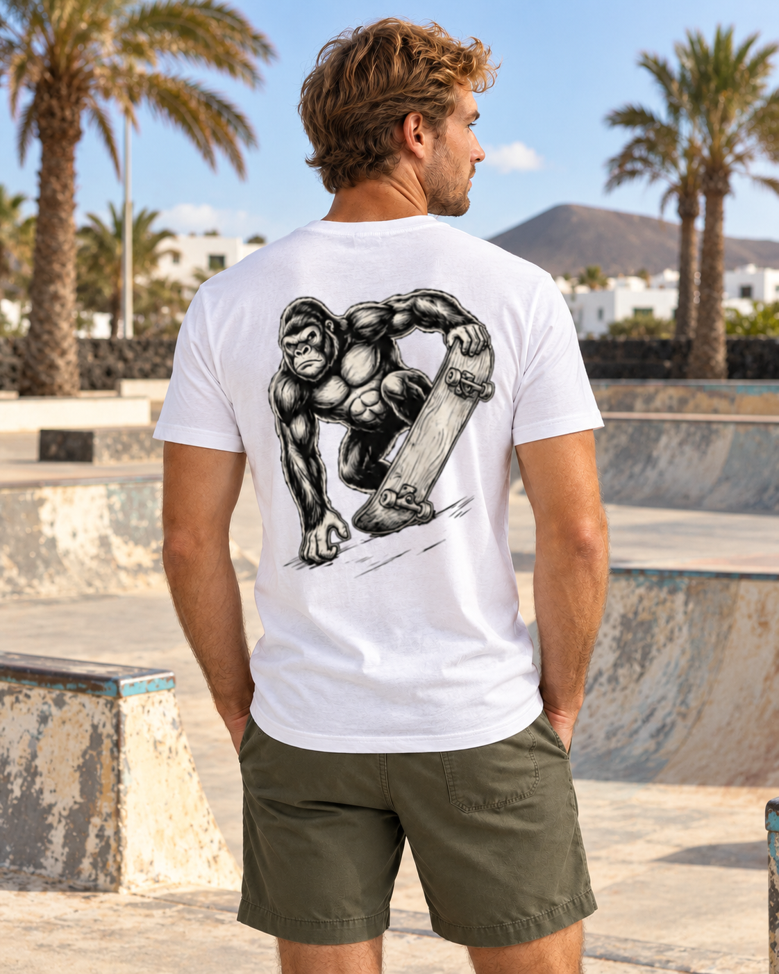 Gorilla Skate blanca, modelo de espalda en un skatepark